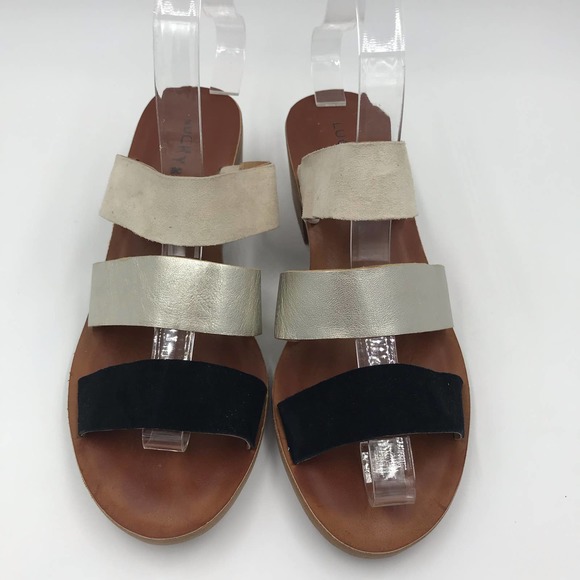 Lucky Brand Sandals Womens 6M Gold Black Releigh 2 Strappy Leather Slide On - Picture 1 of 8